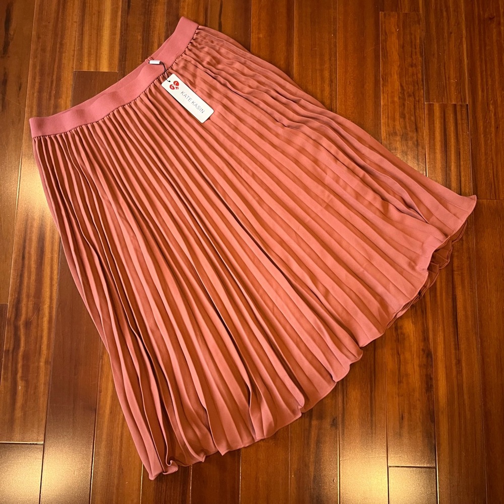 Kate Kasin Midi Skirt Pleated Terracotta Pink‎ Lined Solid Casual Dressy New XL